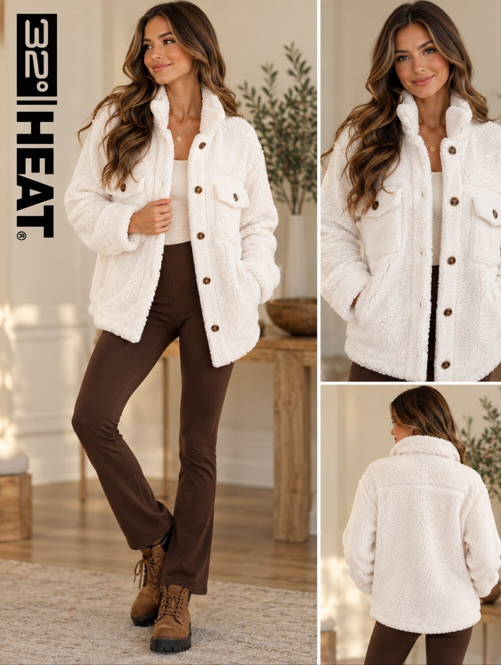 32 Degrees Heat White Sherpa Teddy Jacket XS/S Button Front Cozy Shacket